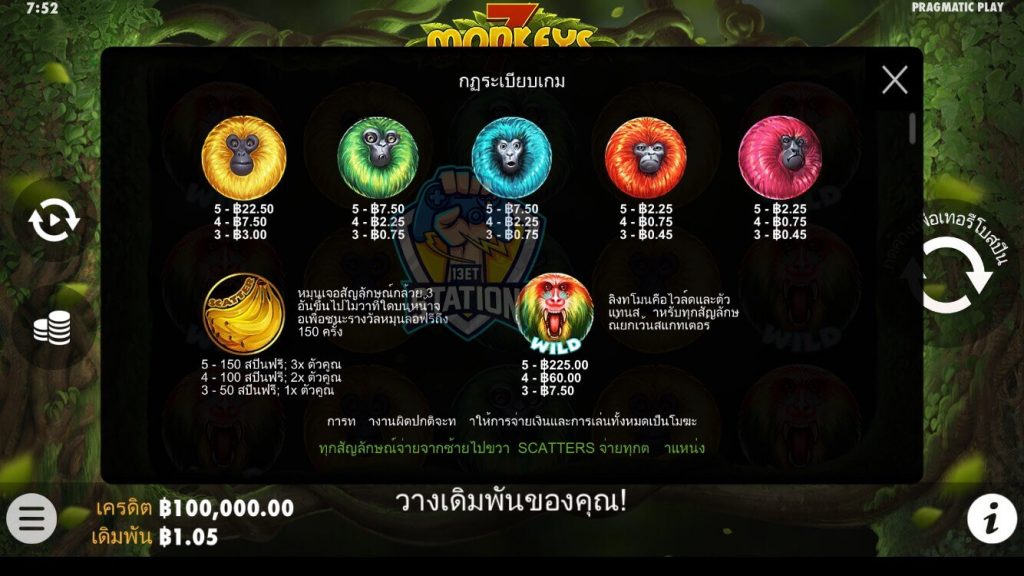 รีวิวเกมสล็อต PP : 7 Monkeys ลิงเจ็ดสี